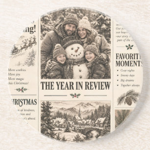 Vintage Newspaper Christmas, Retro Family Holiday Coaster