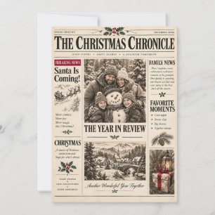 Vintage Newspaper Christmas, Retro Family Holiday Thank You Card