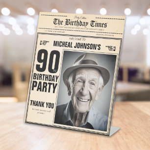 Vintage Newspaper Custom 90th Birthday Welcome Pedestal Sign