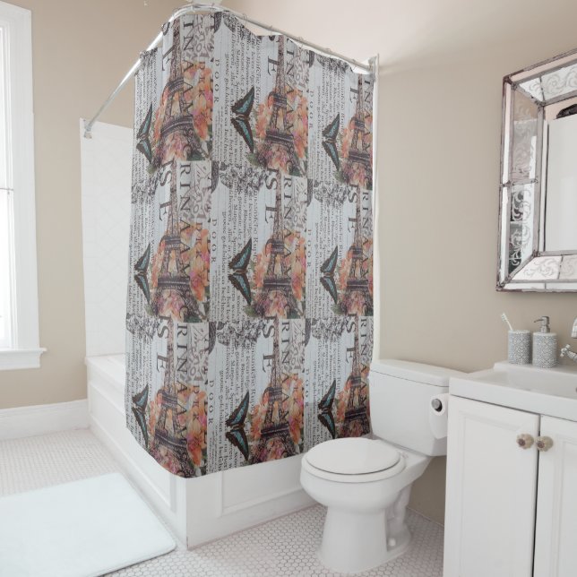 vintage newspaper decoupage eiffel tower Paris Shower Curtain (In Situ)