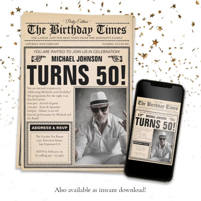  Vintage Newspaper Fun Custom Photo 50th Birthday Invitation (Vintage Older Newspaper 50th Birthday Invitation)
