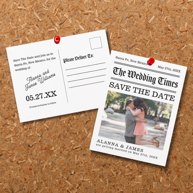 Vintage Newspaper Headline Photo Save the Date Postcard (Newspaper-style Save the Date postcard with vintage typography and romantic photo layout.)