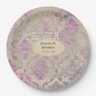 Vintage Newspaper Lavender Damask Wedding Paper Plate