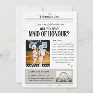 Vintage Newspaper Maid of Honour Proposal Card