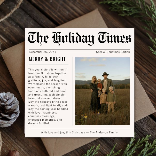Vintage Newspaper Merry & Bright Family Photo Holiday Card (Creator Uploaded)