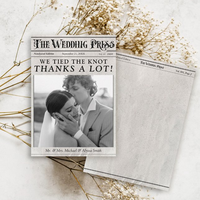 Vintage Newspaper Photo Unique Wedding  Thank You Card (Vintage Newspaper black and white photo trendy classic chic unique wedding set flat thank you card)