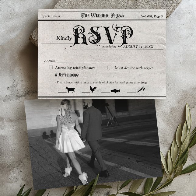 Vintage Newspaper Photo Wedding Invite RSVP Card (Vintage black and white newspaper photo formal wedding invitation rsvp response card food symbols)