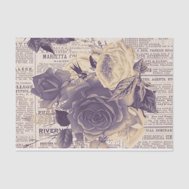 Vintage Newspaper Purple Floral Tissue Paper (Front)