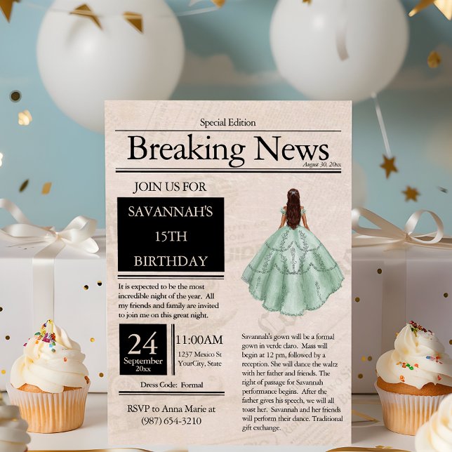 Vintage Newspaper Quinceañera Light Green Invitation (Creator Uploaded)