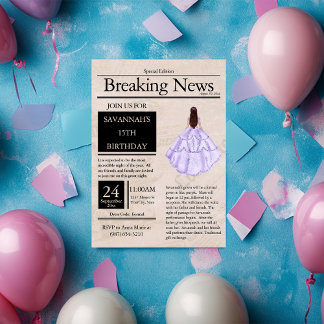 Vintage Newspaper Quinceañera Lilac Purple Invitation