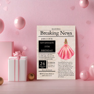 Vintage Newspaper Quinceañera Salmon Pink Invitation