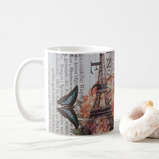 vintage newspaper scripts  Paris eiffel tower Coffee Mug (With Donut)