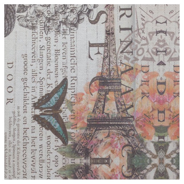 vintage newspaper scripts  Paris eiffel tower Fabric (Close Up)