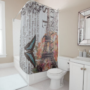 vintage newspaper scripts  Paris eiffel tower Shower Curtain
