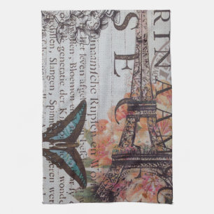 vintage newspaper scripts  Paris eiffel tower Tea Towel