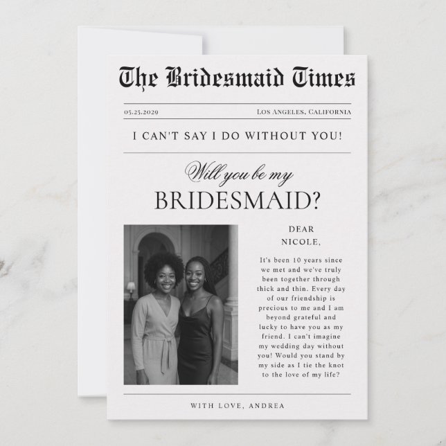 Vintage Newspaper Style Photo Bridesmaid Proposal Invitation (Front)