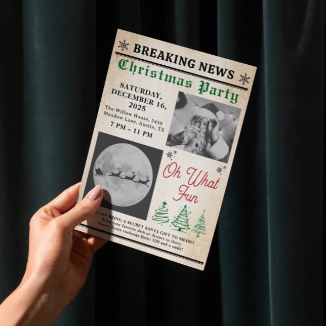 Vintage Newspaper Tree Christmas Party Invitation ( Christmas Invitation adult christmas party friendsmas secret santa jingle and mingle White elephant)