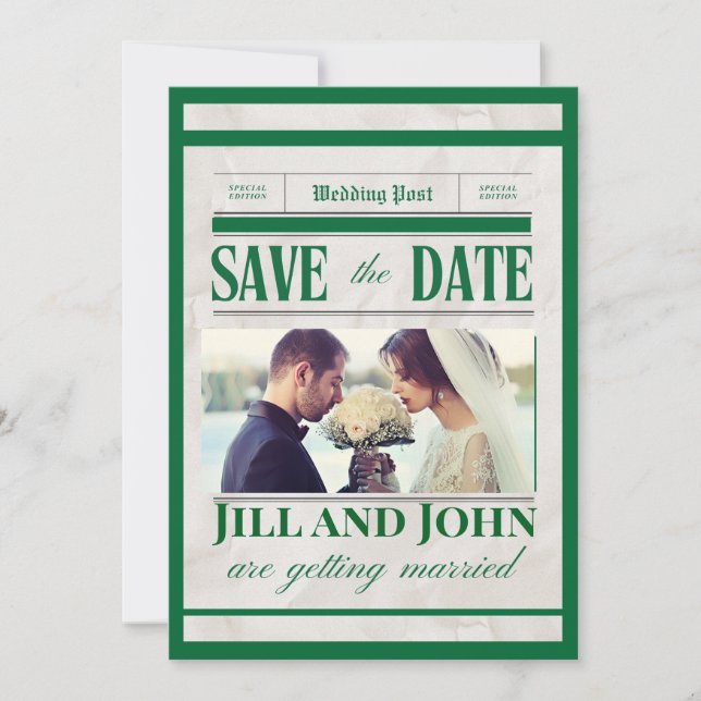 Vintage Newspaper Wedding Save the Date Card (Front)