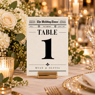 Vintage Newspaper Wedding Table Number Card