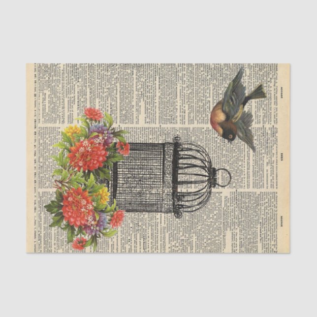 Vintage Newspaper with cage bird Decoupage Tissue Paper (Front)