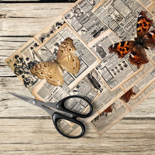vintage newspaper with moth and butterfly  tissue paper