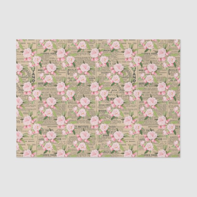 Vintage Newsprint and Pink Roses Tissue Paper (Front)