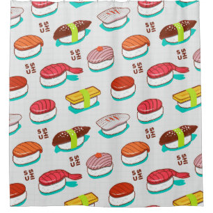 Vintage nigiri sushi, doodle pattern shower curtain
