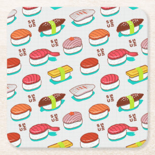 Vintage nigiri sushi, doodle pattern square paper coaster