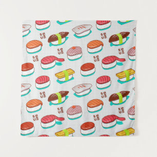 Vintage nigiri sushi, doodle pattern tapestry