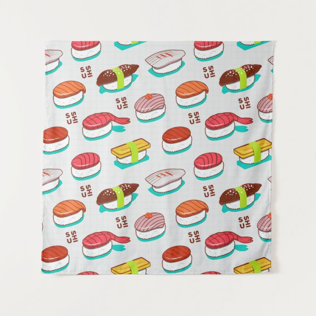 Vintage nigiri sushi, doodle pattern tapestry (Front)