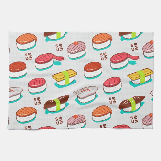 Vintage nigiri sushi, doodle pattern tea towel (Horizontal)