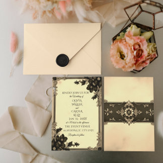 Vintage Noir Floral Scroll Wedding Invitation