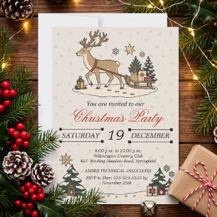 Vintage Nordic Christmas Deer Sleigh Party Invitation