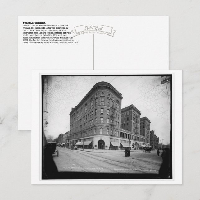 Vintage Norfolk, VA: Monticello Hotel (1902) Postcard (Front/Back)