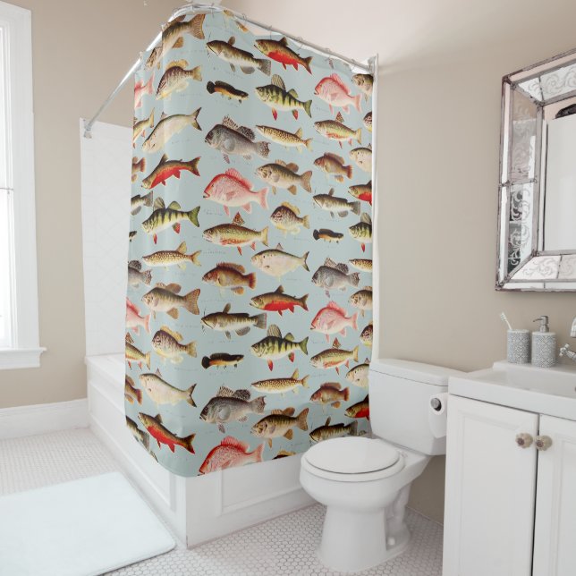 Vintage North American Fish Pattern Shower Curtain (In Situ)