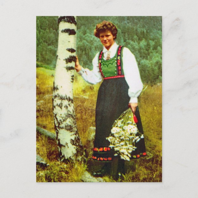 Vintage Norway, Lady with flowers Postcard (Front)
