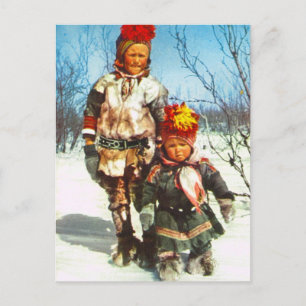 Vintage Norway, Lapland, Sami children in the snow Postcard