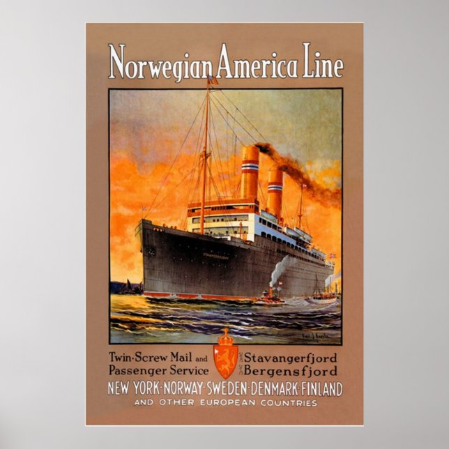 Vintage Norwegian America Line Travel Poster (Front)