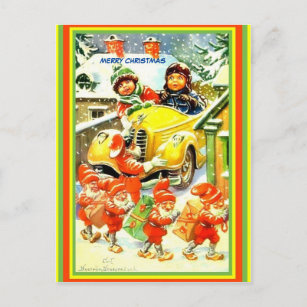 Vintage Norwegian Vintage Tomte, Old Car, Kids cpy Postcard