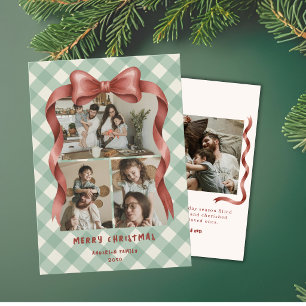 Vintage Nostaglic Red Bow Christmas Four Photos Holiday Card
