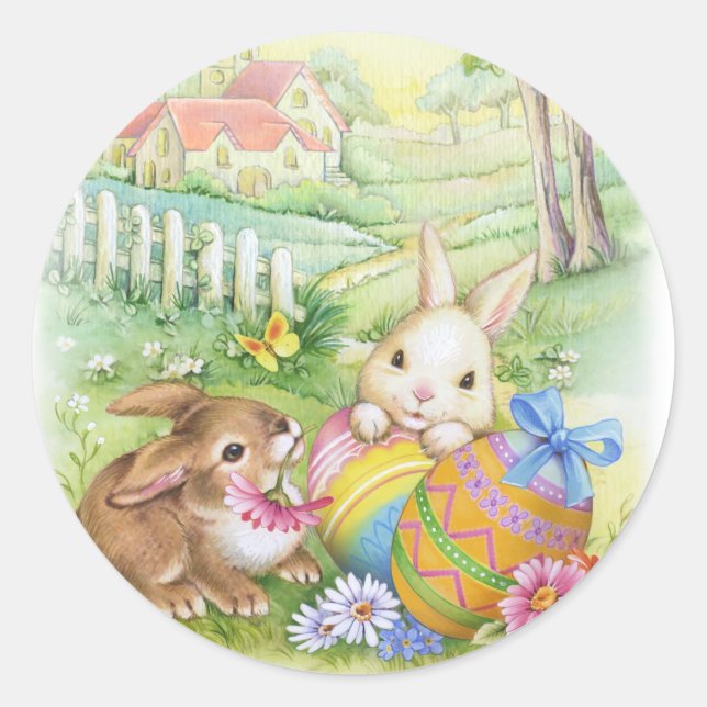 Vintage, nostalgic Easter bunnies Classic Round Sticker (Front)