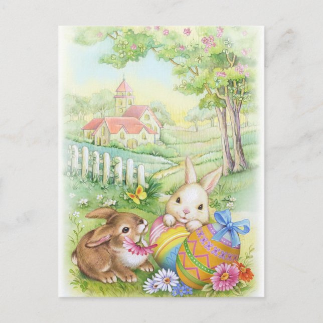 Vintage, nostalgic Easter bunnies Holiday Postcard (Front)