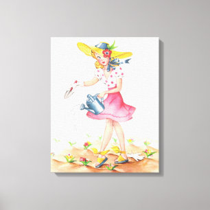 Vintage Nostalgic Girl in Garden Wrapped Canvas