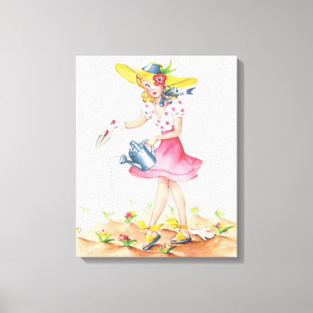 Vintage Nostalgic Girl in Garden Wrapped Canvas (Front)
