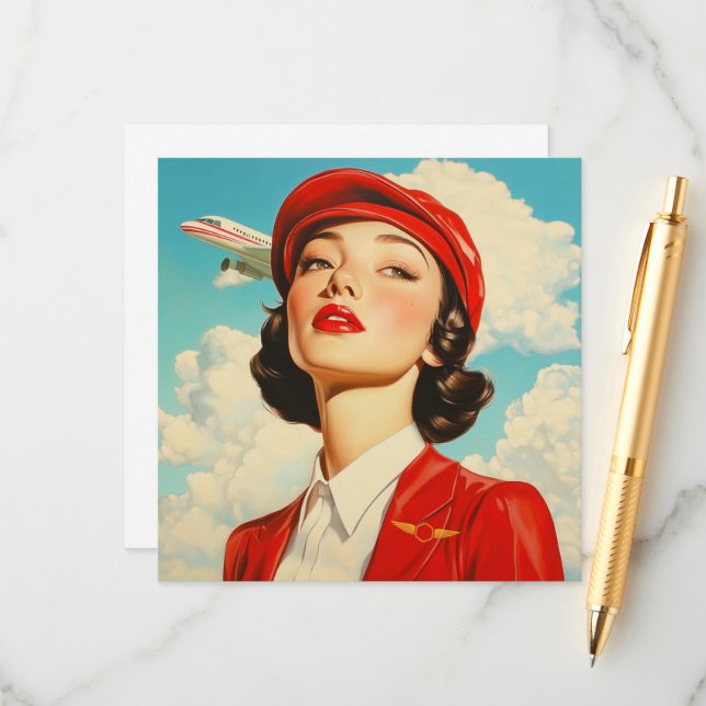 Vintage Note Card with Stewardess and Aeroplane (Front/Back In Situ)