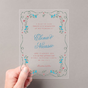 Vintage Nouveau Botanical Frame Pink Blue Wedding Acrylic Invitations