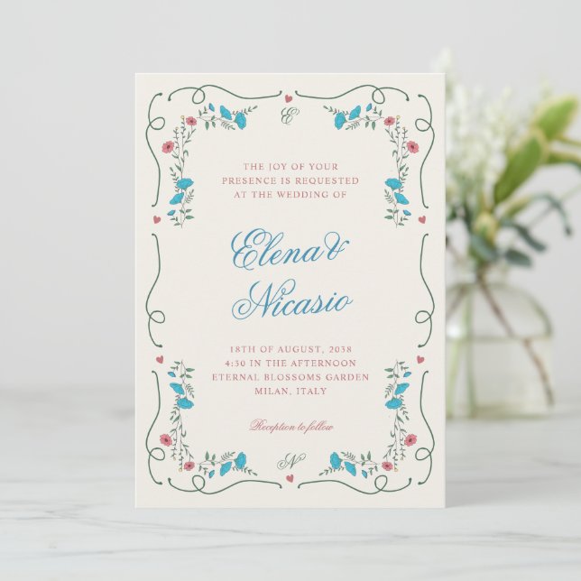 Vintage Nouveau Botanical Frame Pink Blue Wedding Invitation (Standing Front)