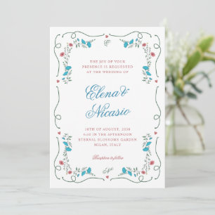 Vintage Nouveau Botanical Frame Pink Blue Wedding Invitation