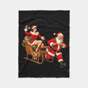 Vintage Nup Girl Santa Sleigh Funny Christmas Coup Fleece Blanket