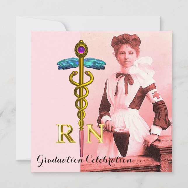 VINTAGE NURSE and Gold Caduceus Emblem Graduation Invitation (Front)